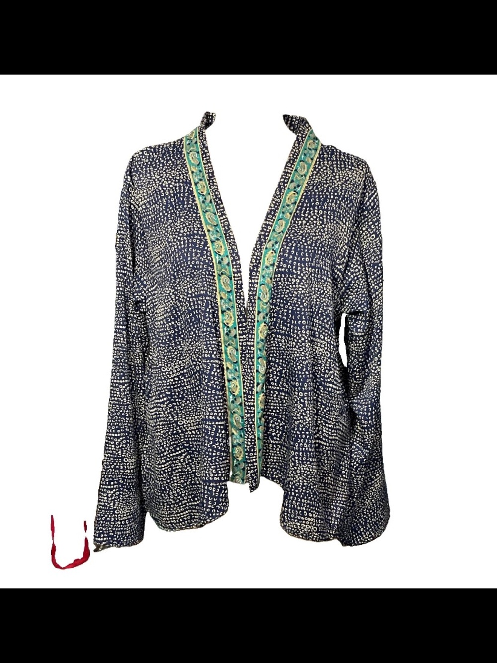 Aller Simplement Navy Printed Open-Front Tunic with Teal Trim